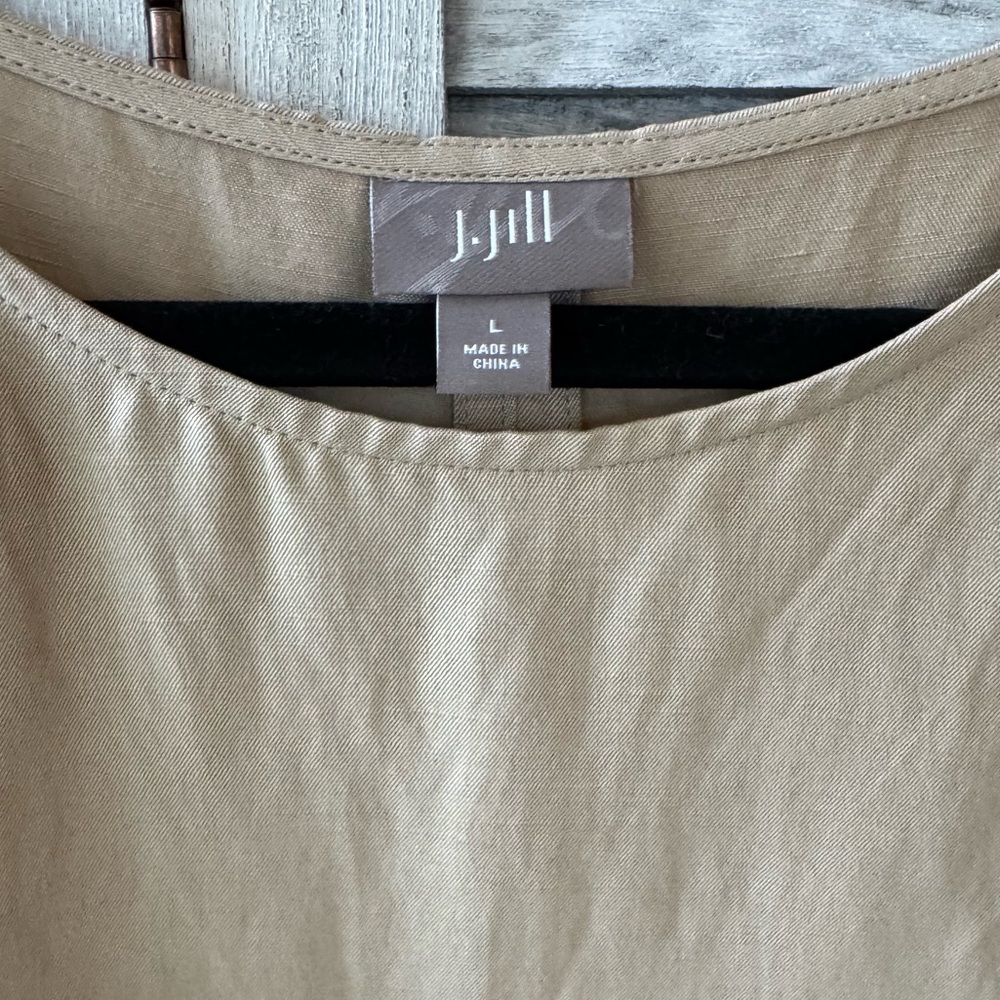 J Jill Silk Linen Shift Boxy Dress, has front patch pockets. Tan Sz L - Picture 7 of 10
